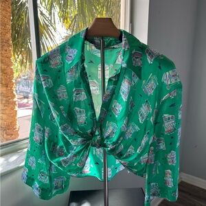 Zara Green Printed Tie-Front Blouse